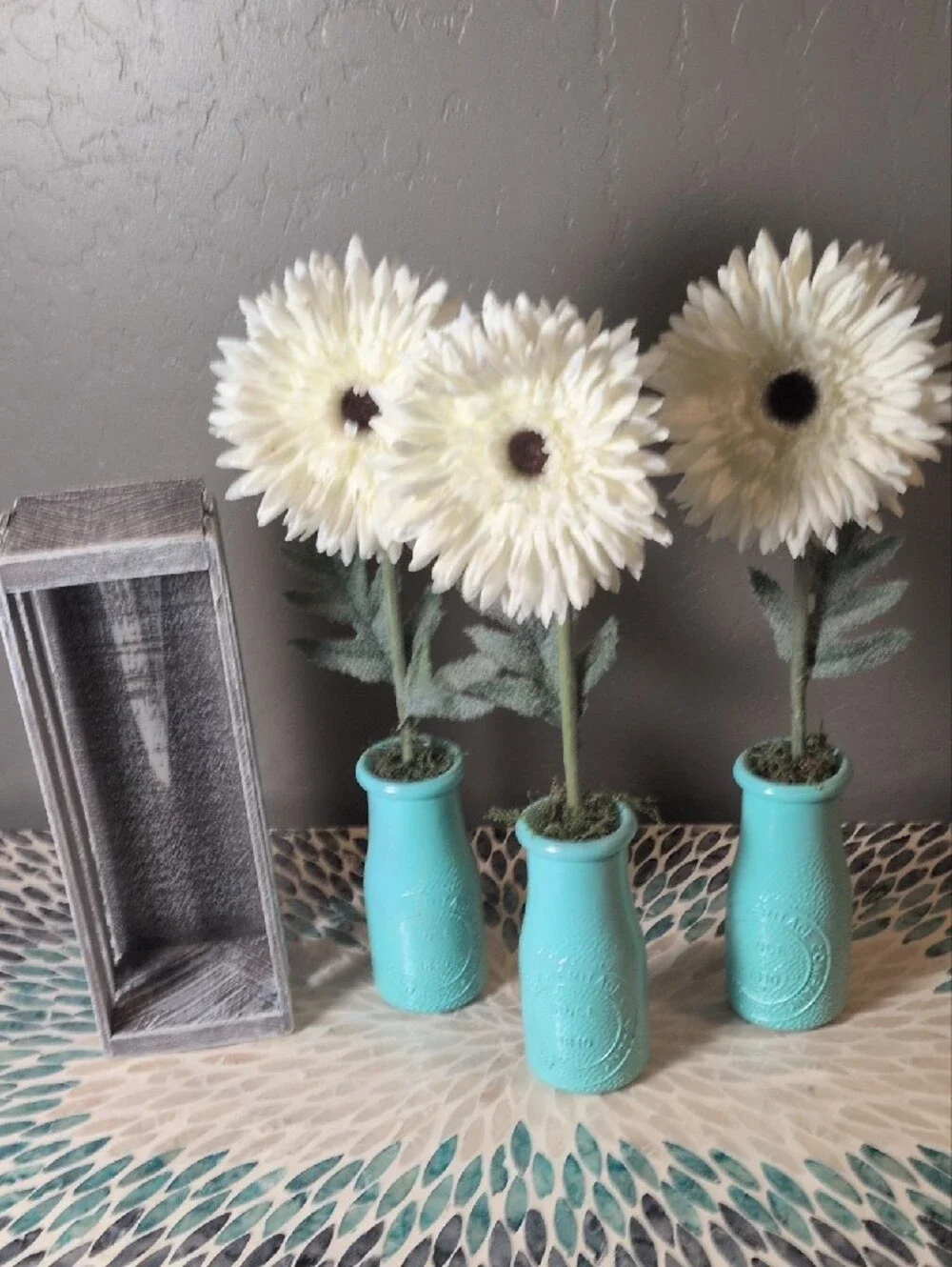 Home Accents Turquoise Vase Trio with White Faux Flowers & Wooden Crate